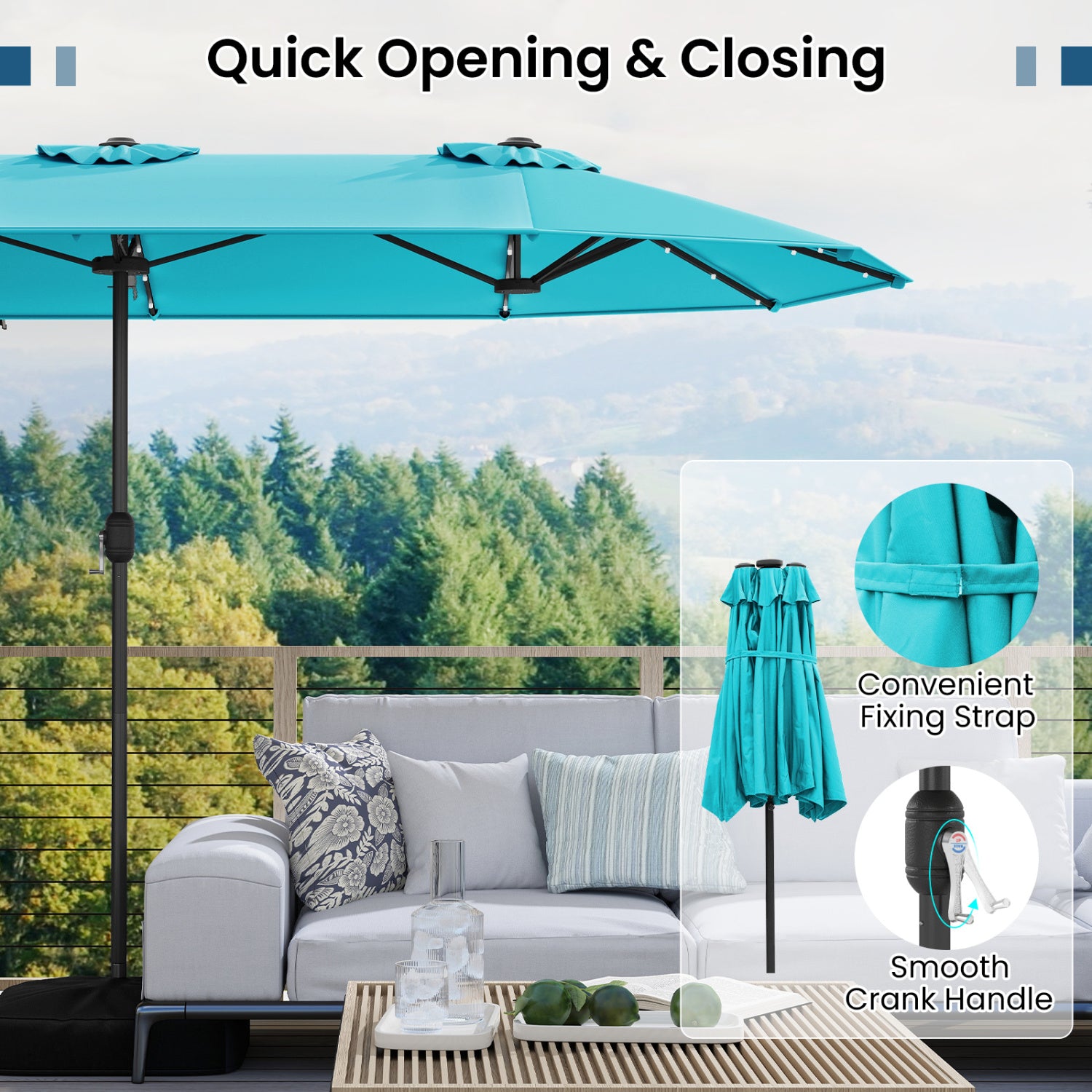 13FT Double-Sided Patio Umbrella, Solar Lights, Turquoise Outdoor Umbrellas at Gallery Canada