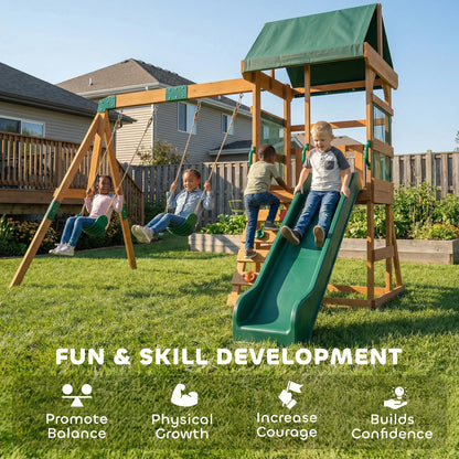 Wood Swing Set With Slide, 2 Swings, Rock Wall, Covered Deck Gym Sets & Swings at Gallery Canada