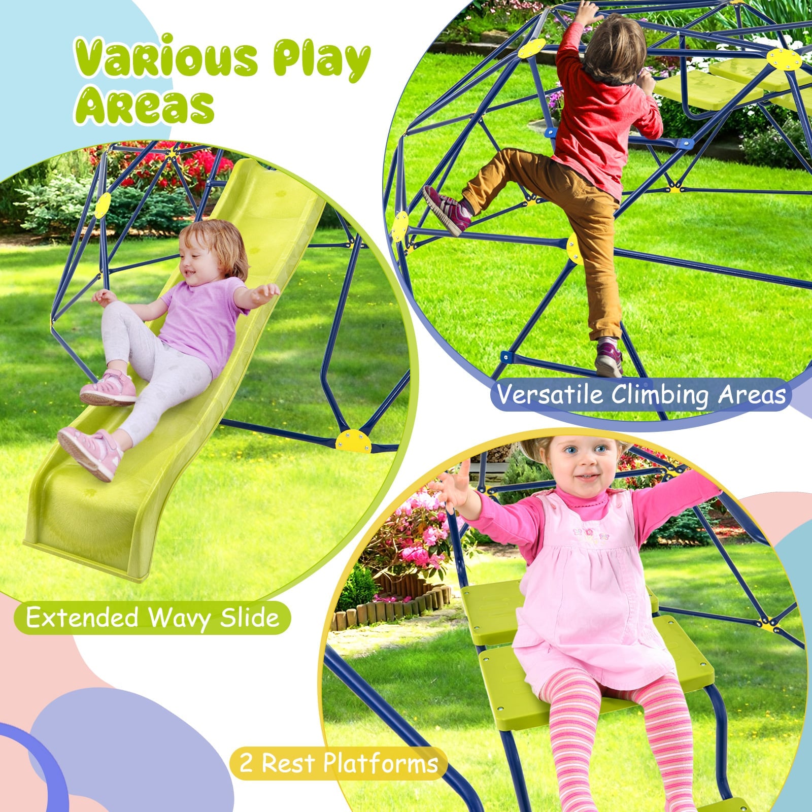 13.3 FT Geometric Dome Climber, With Slide And Platforms, Multicolor Climbers & Slides at Gallery Canada
