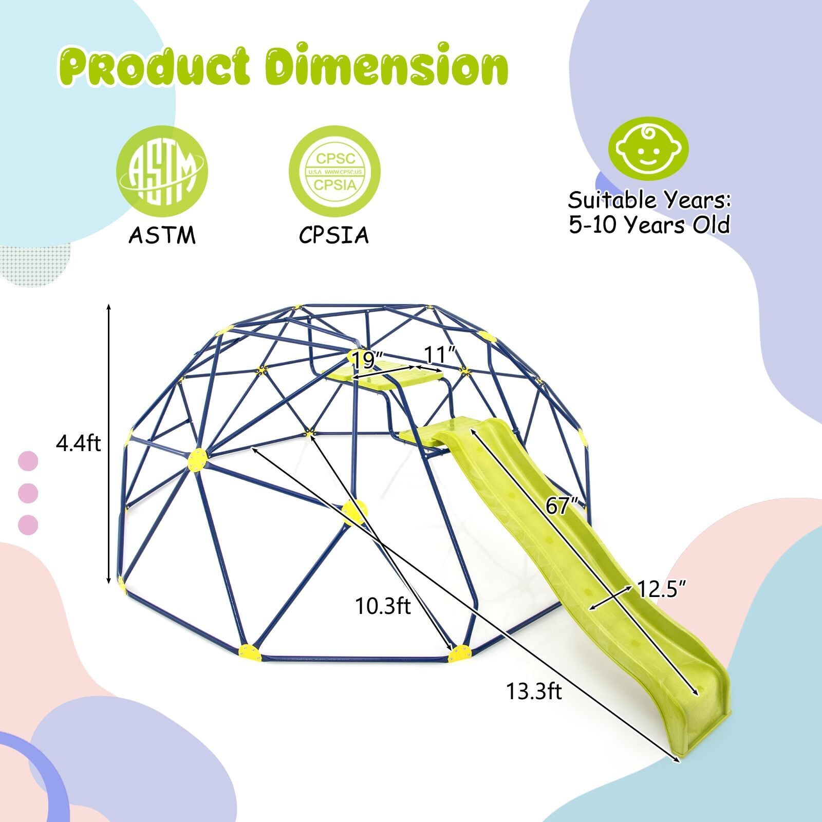 13.3 FT Geometric Dome Climber, With Slide And Platforms, Multicolor Climbers & Slides at Gallery Canada