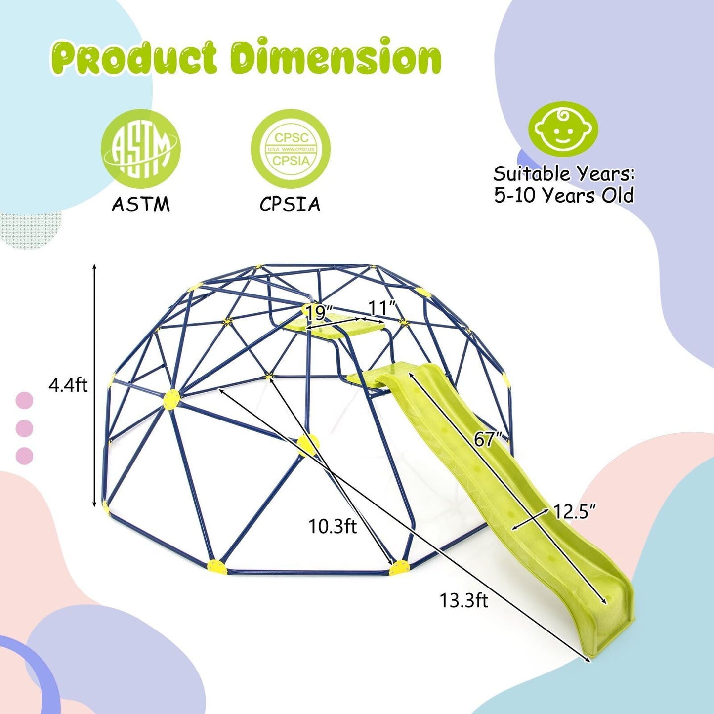 13.3 FT Geometric Dome Climber, With Slide And Platforms, Multicolor Climbers & Slides at Gallery Canada