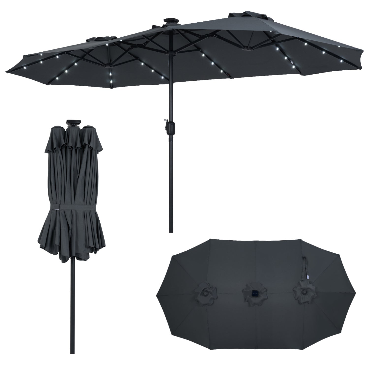 13 FT Double-Sided Patio Umbrella, 36 LED Lights, Gray Outdoor Umbrellas Gray at Gallery Canada