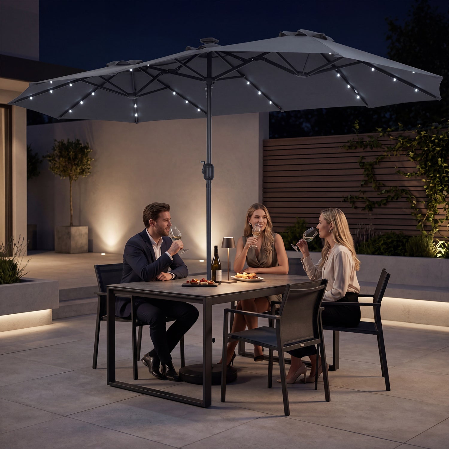 13 FT Double-Sided Patio Umbrella, 36 LED Lights, Gray Outdoor Umbrellas at Gallery Canada