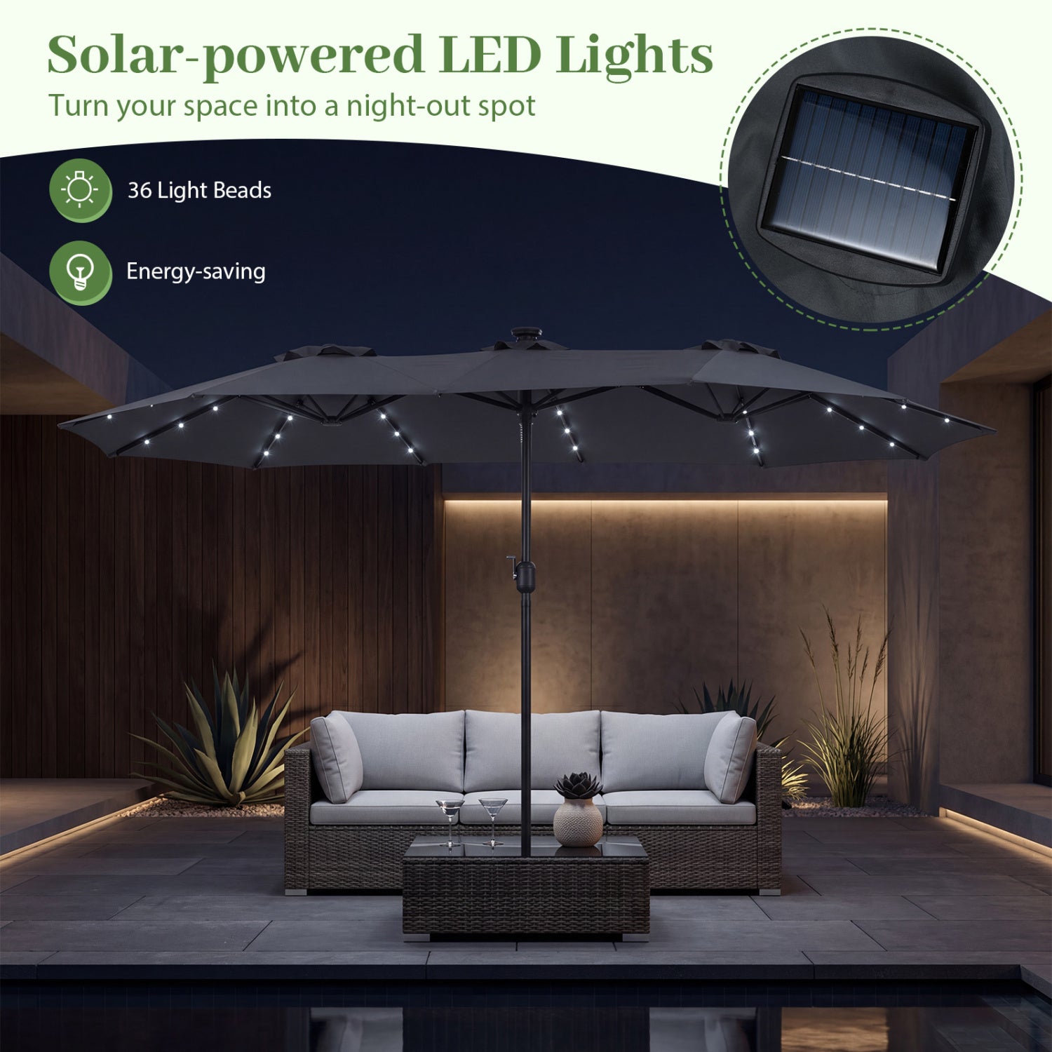 13 FT Double-Sided Patio Umbrella, 36 LED Lights, Gray Outdoor Umbrellas at Gallery Canada