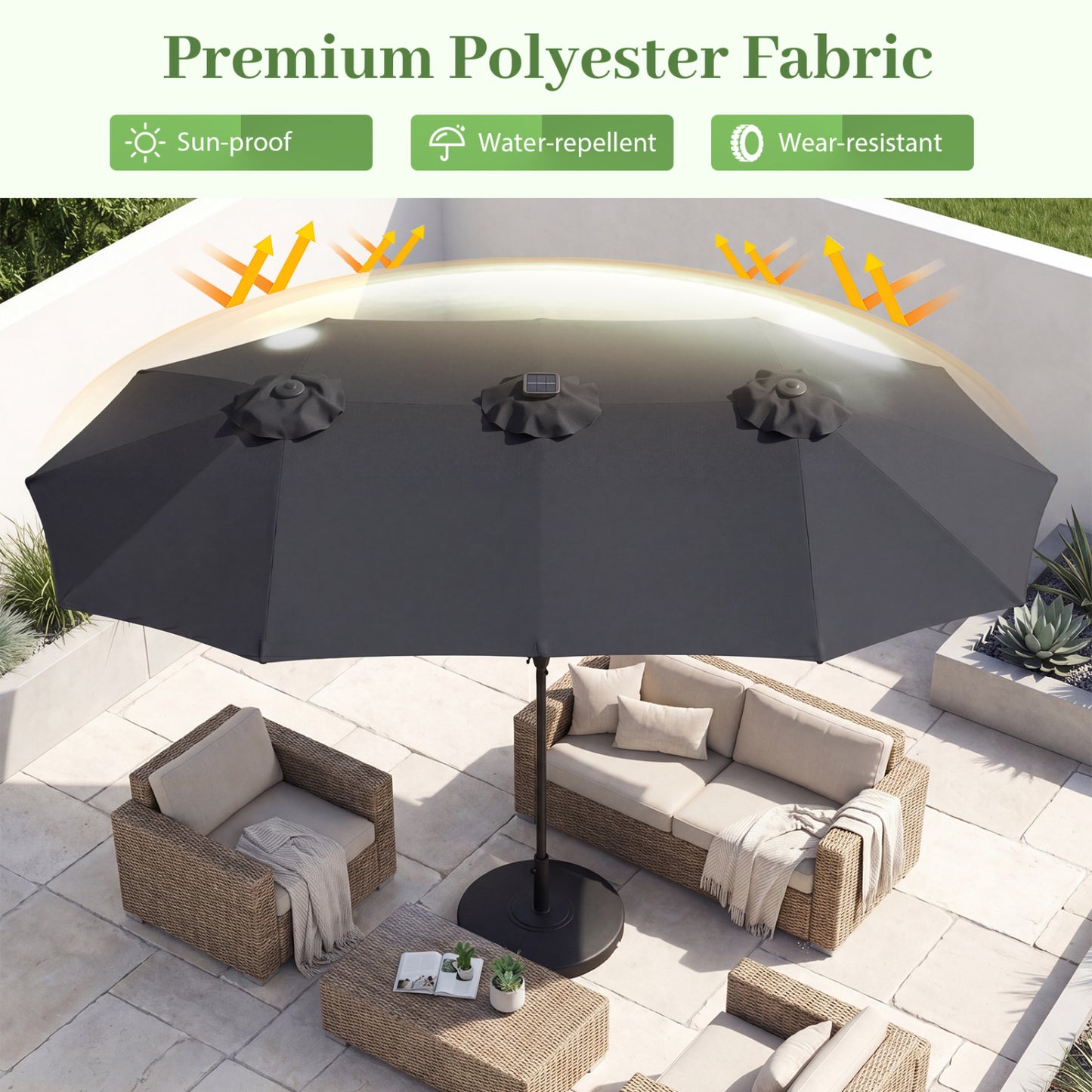 13 FT Double-Sided Patio Umbrella, 36 LED Lights, Gray Outdoor Umbrellas at Gallery Canada