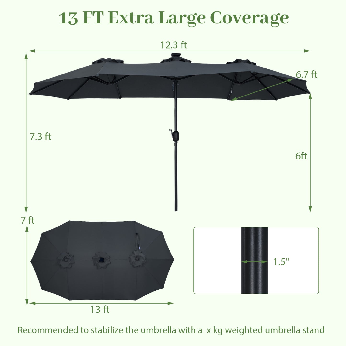 13 FT Double-Sided Patio Umbrella, 36 LED Lights, Gray Outdoor Umbrellas at Gallery Canada