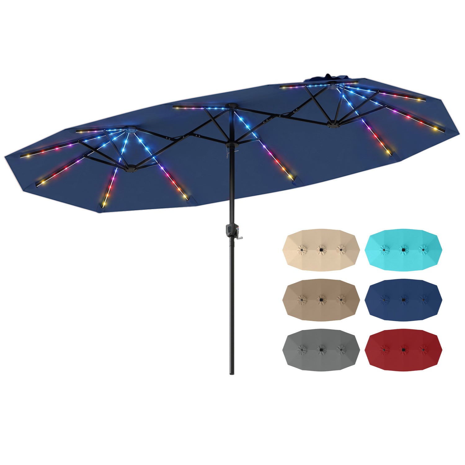 13 FT Double-Sided Patio Umbrella, Solar LED Lights, Navy Outdoor Umbrellas Navy at Gallery Canada
