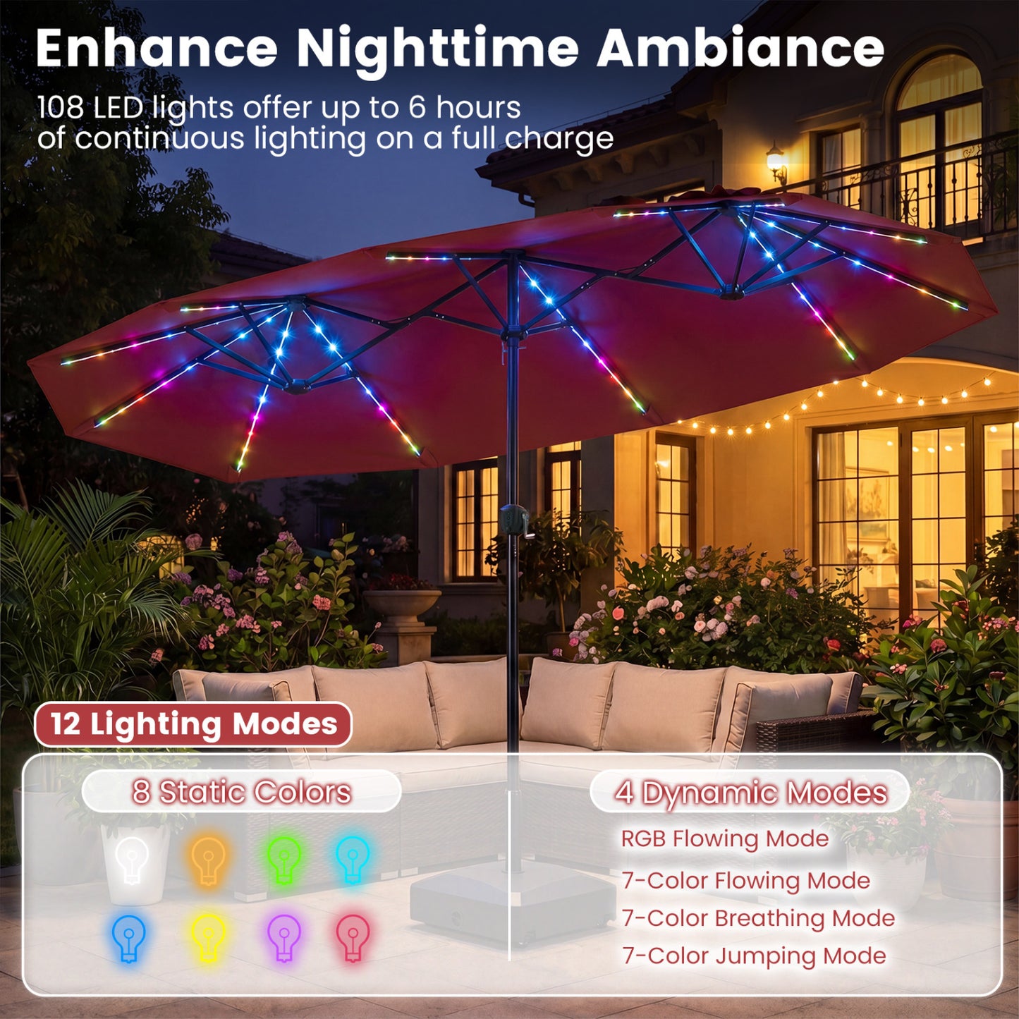 13 FT Patio Umbrella with Color-Changing Solar LED Lights, Red Outdoor Umbrellas at Gallery Canada