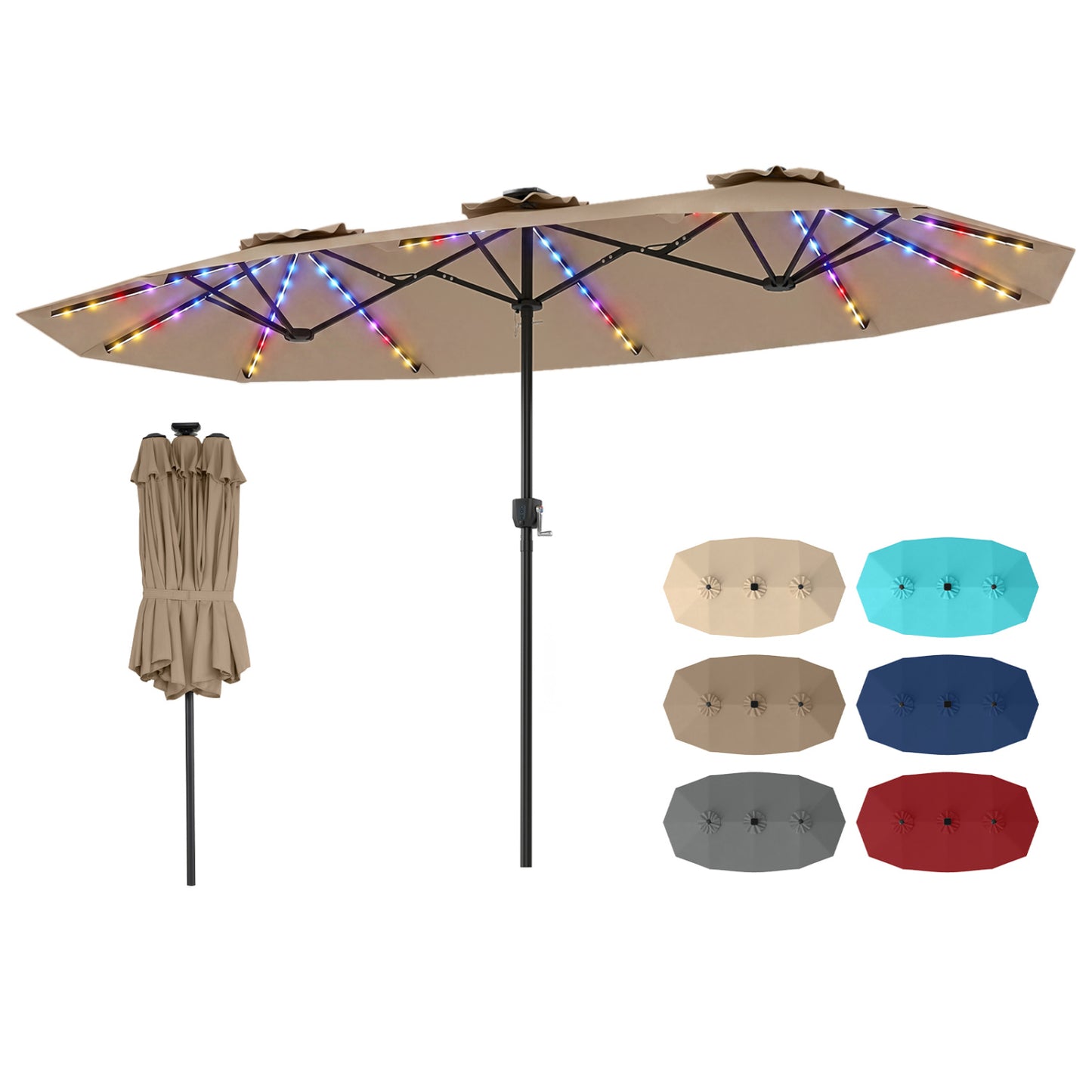 13 FT Double-Sided Patio Umbrella with Color-Changing Flowing Solar LED Lights, Brown Outdoor Umbrellas Brown at Gallery Canada