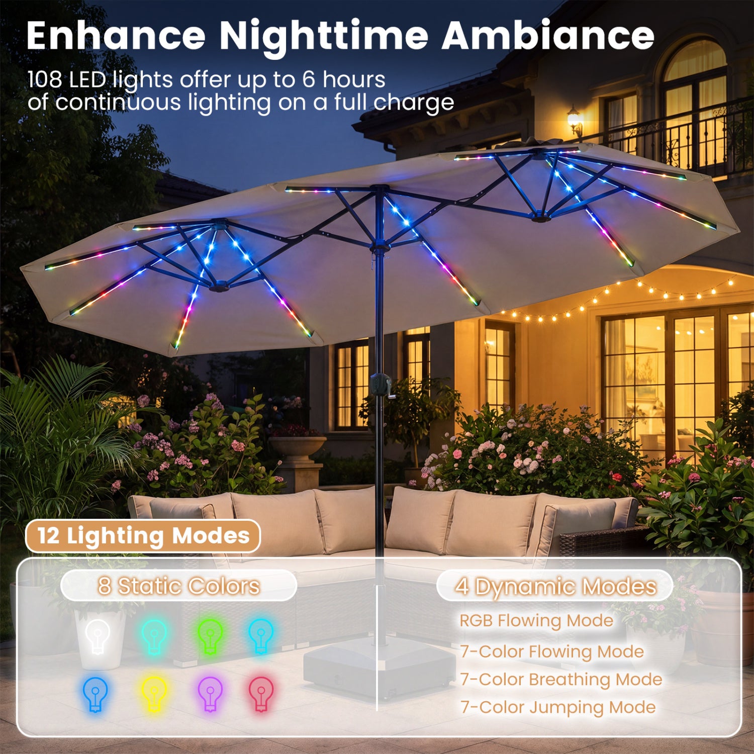 13 FT Double-Sided Patio Umbrella with Color-Changing Flowing Solar LED Lights, Brown Outdoor Umbrellas at Gallery Canada