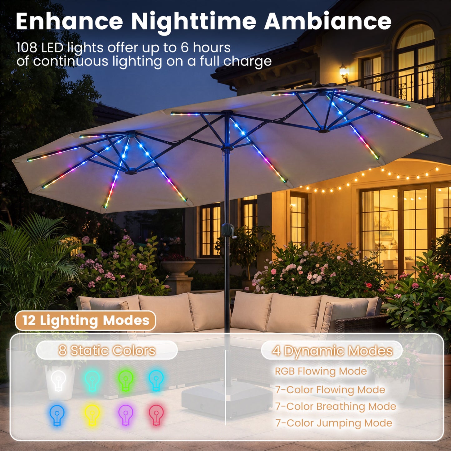 13 FT Double-Sided Patio Umbrella with Color-Changing Flowing Solar LED Lights, Brown Outdoor Umbrellas at Gallery Canada