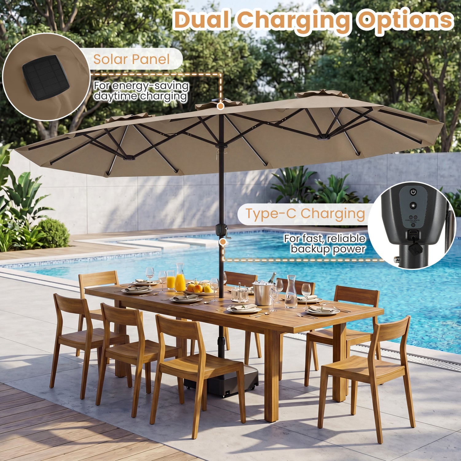 13 FT Double-Sided Patio Umbrella with Color-Changing Flowing Solar LED Lights, Brown Outdoor Umbrellas at Gallery Canada