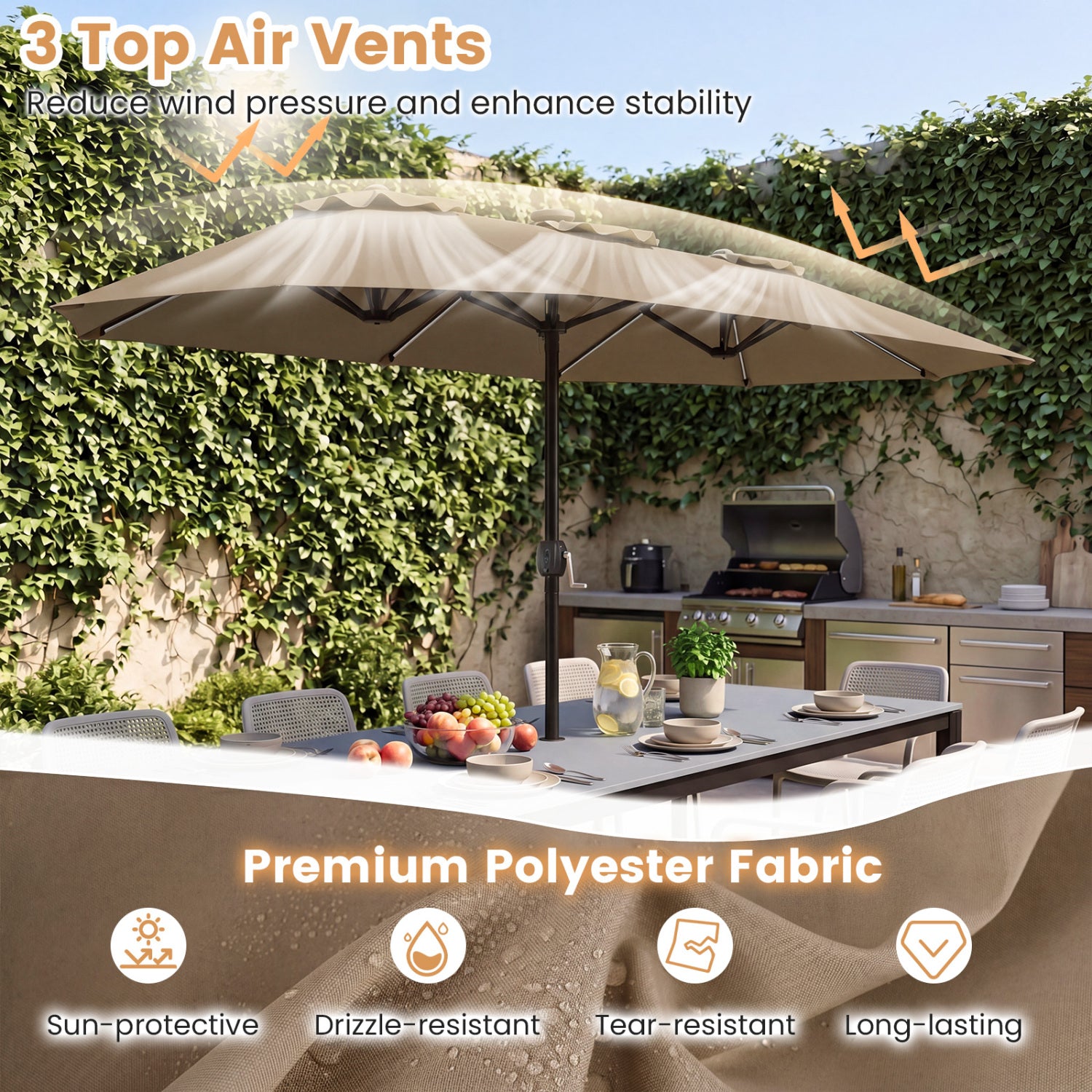 13 FT Double-Sided Patio Umbrella with Color-Changing Flowing Solar LED Lights, Brown Outdoor Umbrellas at Gallery Canada