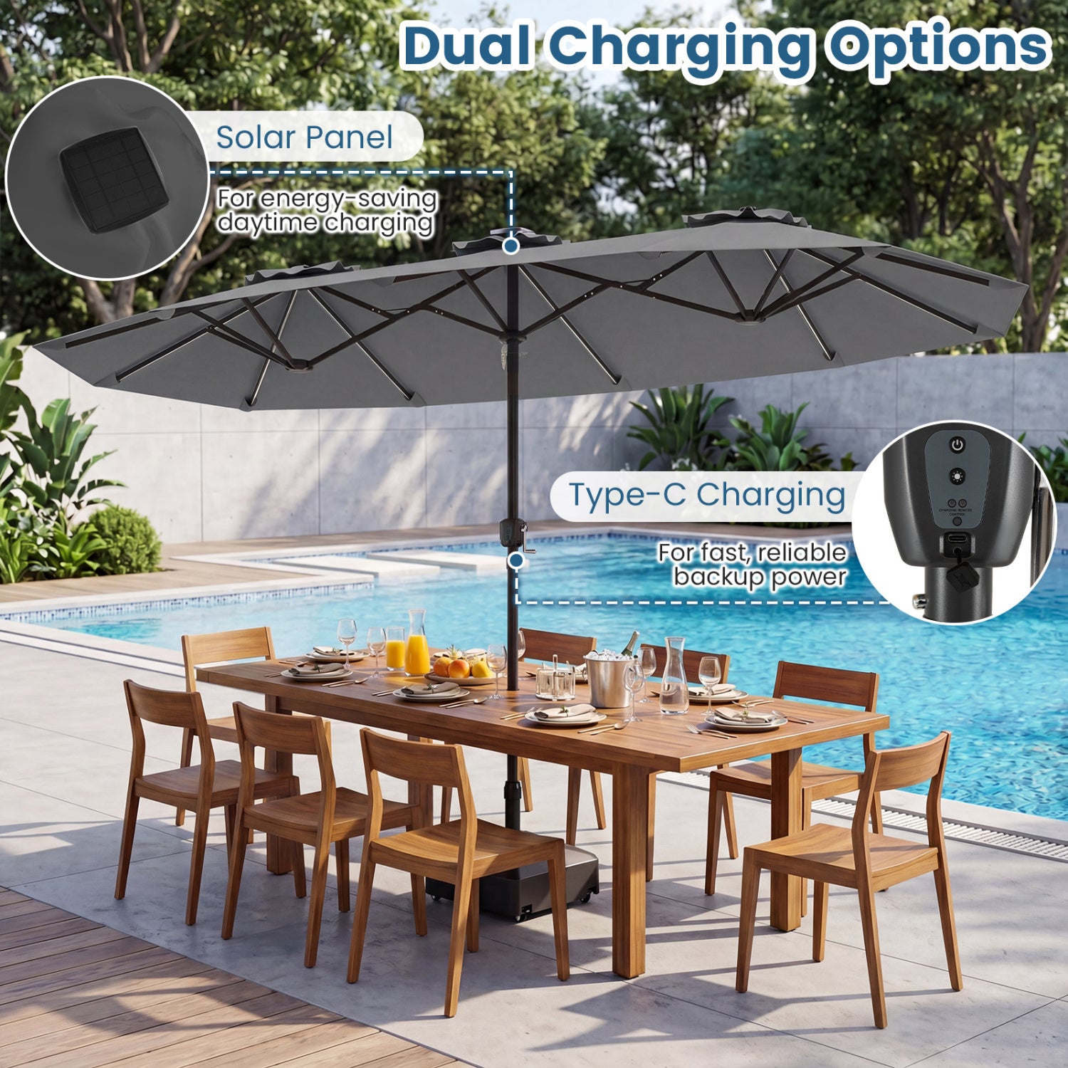 Double-Sided Patio Umbrella with Solar LED Lights, Gray Outdoor Umbrellas at Gallery Canada