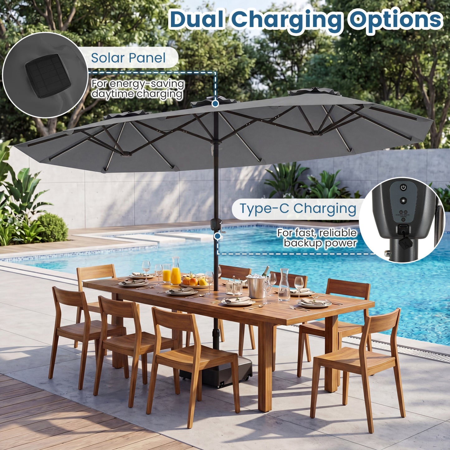 Double-Sided Patio Umbrella with Solar LED Lights, Gray Outdoor Umbrellas at Gallery Canada