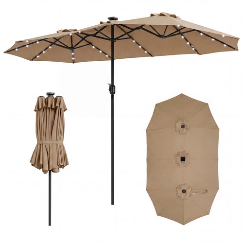 13 FT Double-Sided Patio Umbrella, 36 LED Lights, Tan