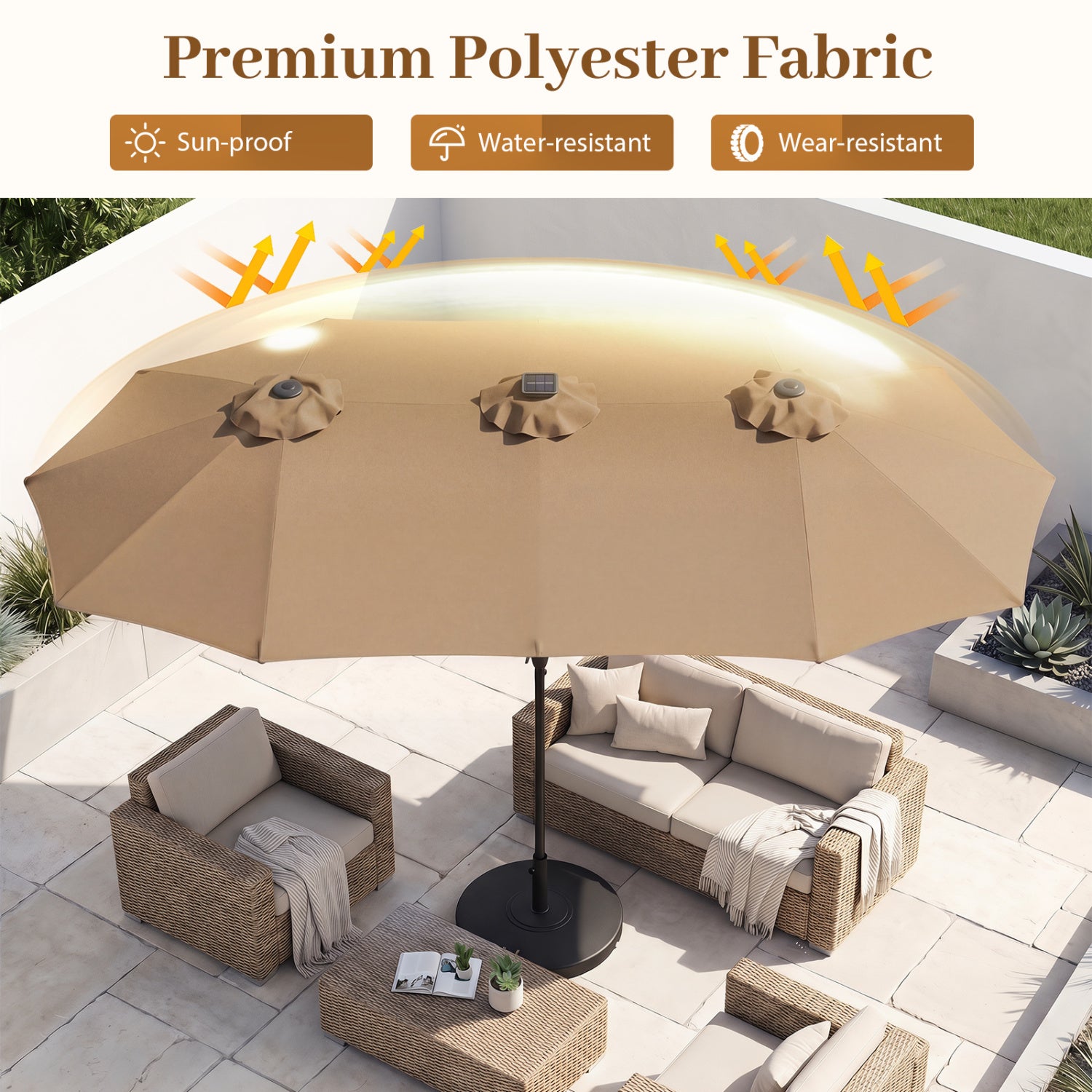 13 FT Double-Sided Patio Umbrella, 36 LED Lights, Tan Outdoor Umbrellas at Gallery Canada