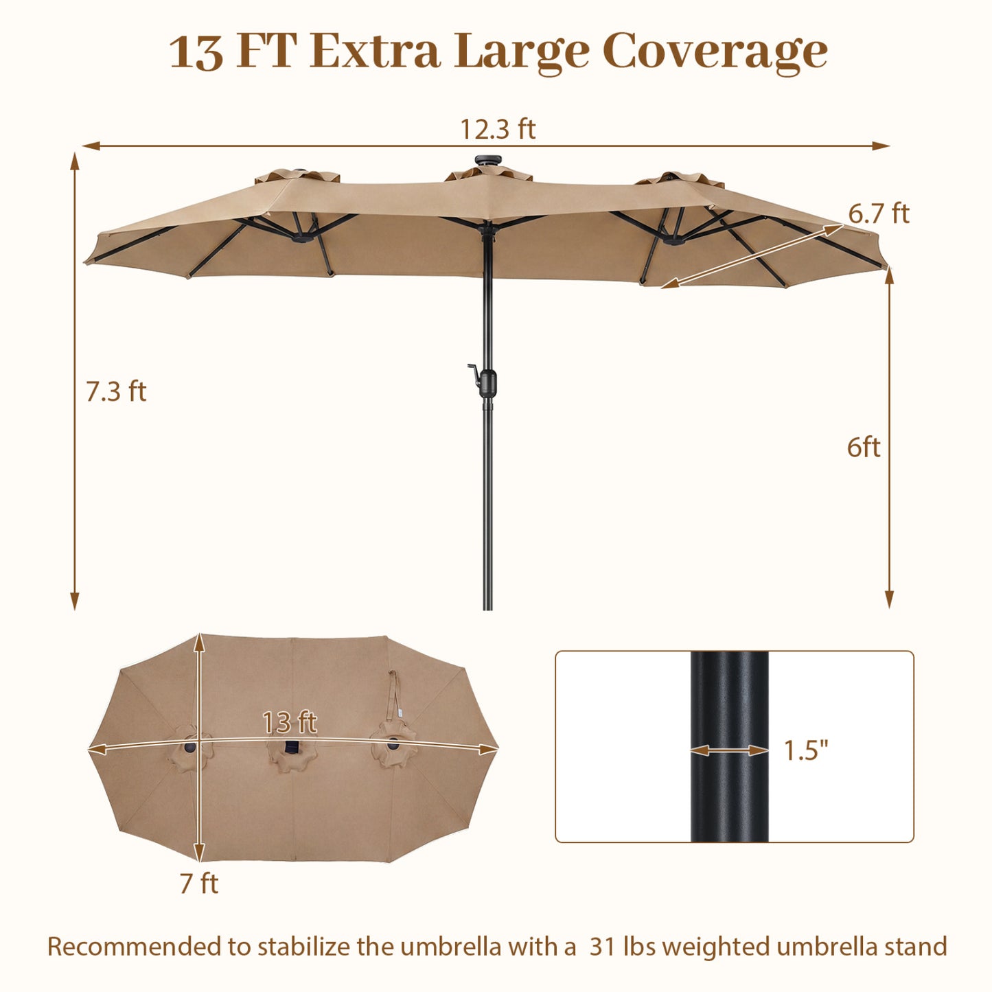 13 FT Double-Sided Patio Umbrella, 36 LED Lights, Tan Outdoor Umbrellas at Gallery Canada