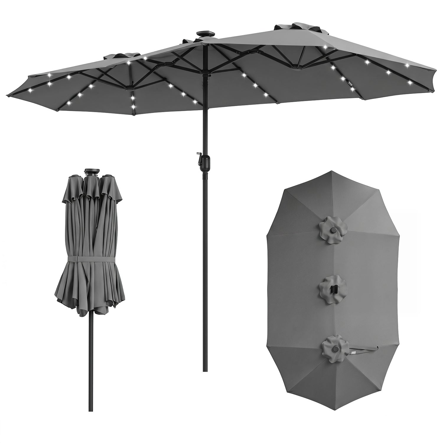 13 FT Double-Sided Patio Umbrella, 36 LED Lights, Gray Outdoor Umbrellas Gray at Gallery Canada