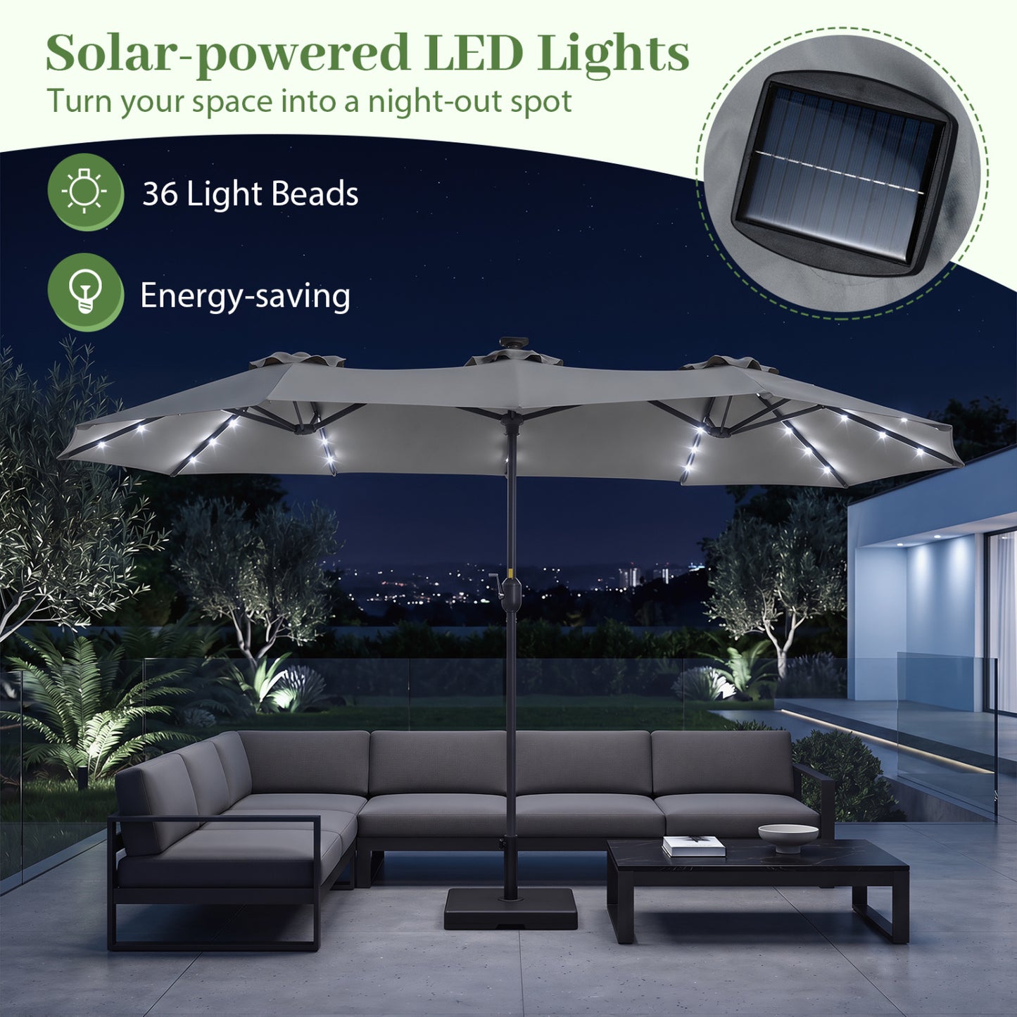 13 FT Double-Sided Patio Umbrella, 36 LED Lights, Gray Outdoor Umbrellas at Gallery Canada