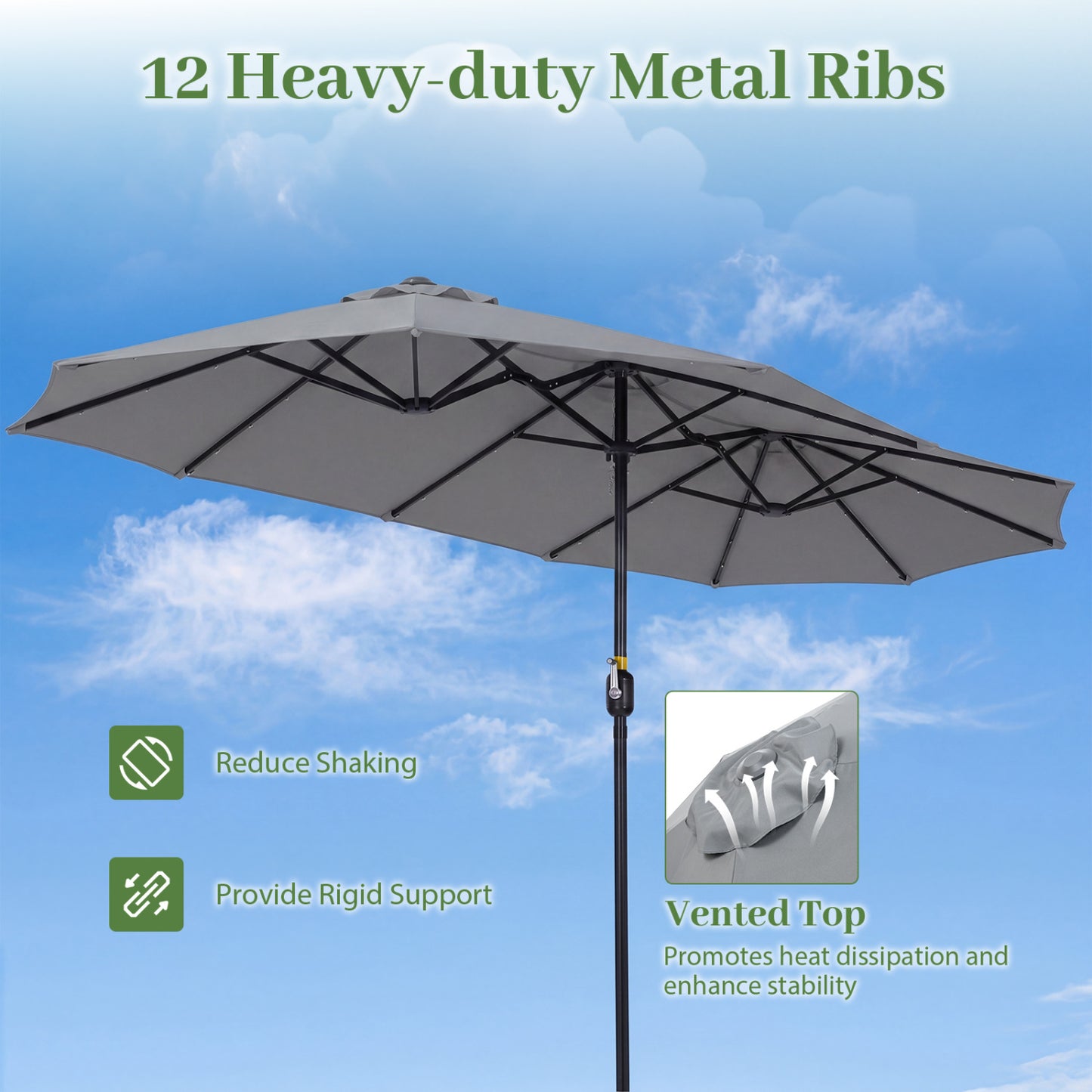 13 FT Double-Sided Patio Umbrella, 36 LED Lights, Gray Outdoor Umbrellas at Gallery Canada