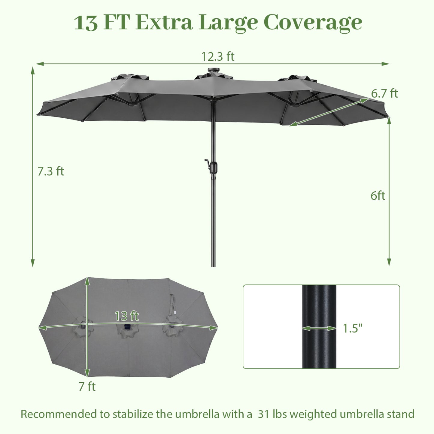 13 FT Double-Sided Patio Umbrella, 36 LED Lights, Gray Outdoor Umbrellas at Gallery Canada
