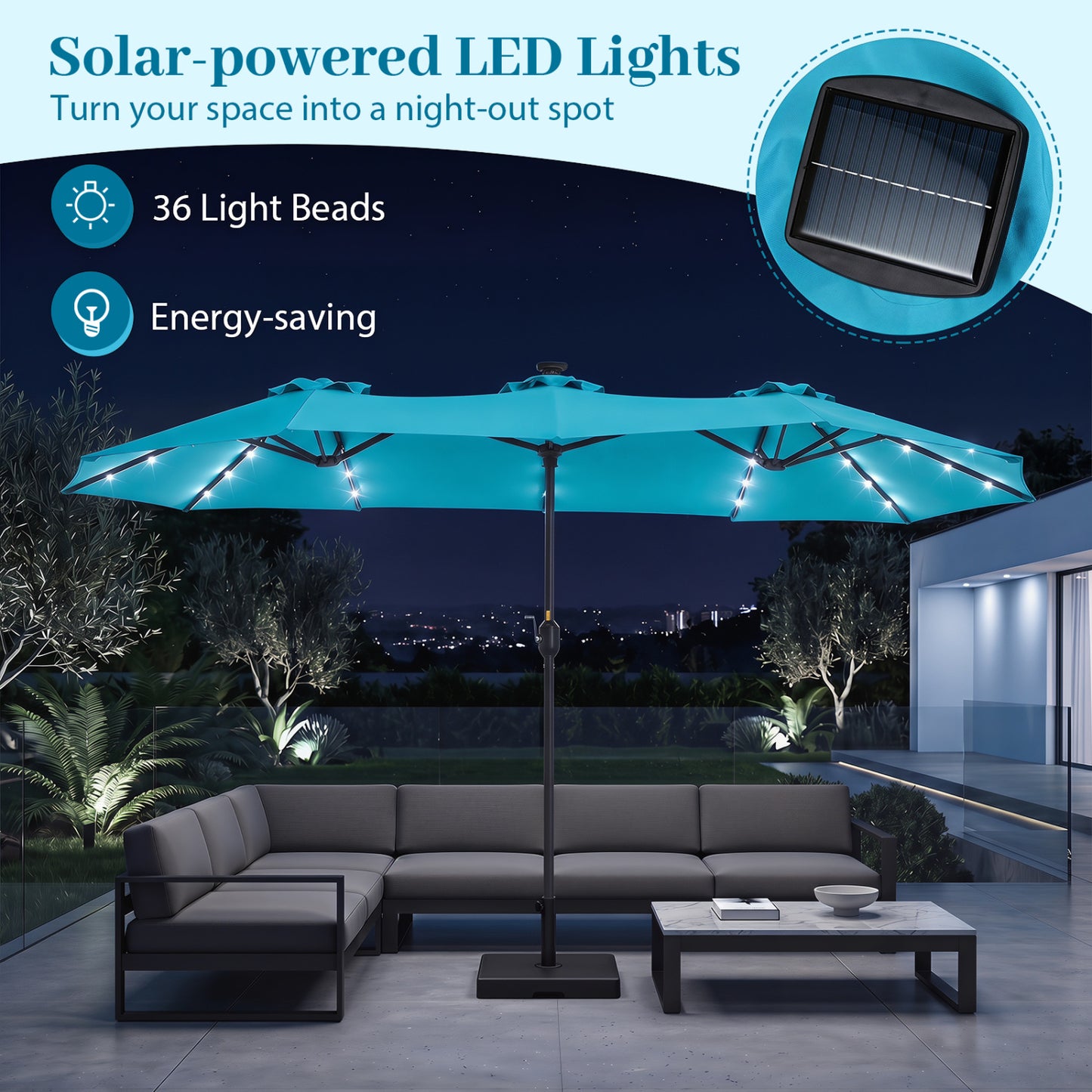 13 FT Rectangle Patio Umbrella, 36 LED Lights, Turquoise Outdoor Umbrellas at Gallery Canada