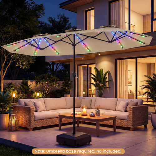 13 FT Double-Sided Patio Umbrella with Solar LED Lights, Beige