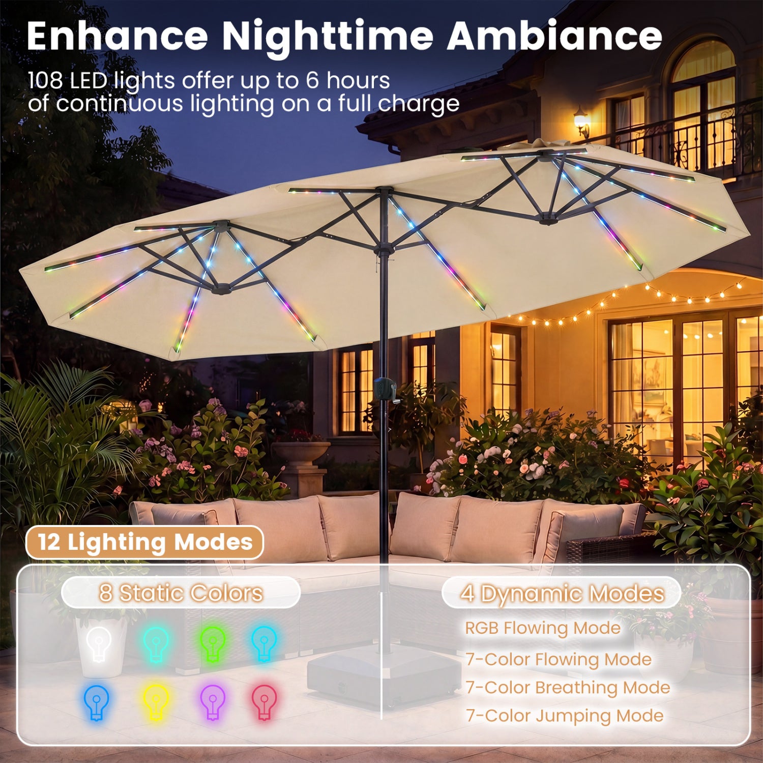 13 FT Double-Sided Patio Umbrella with Solar LED Lights, Beige Outdoor Umbrellas at Gallery Canada