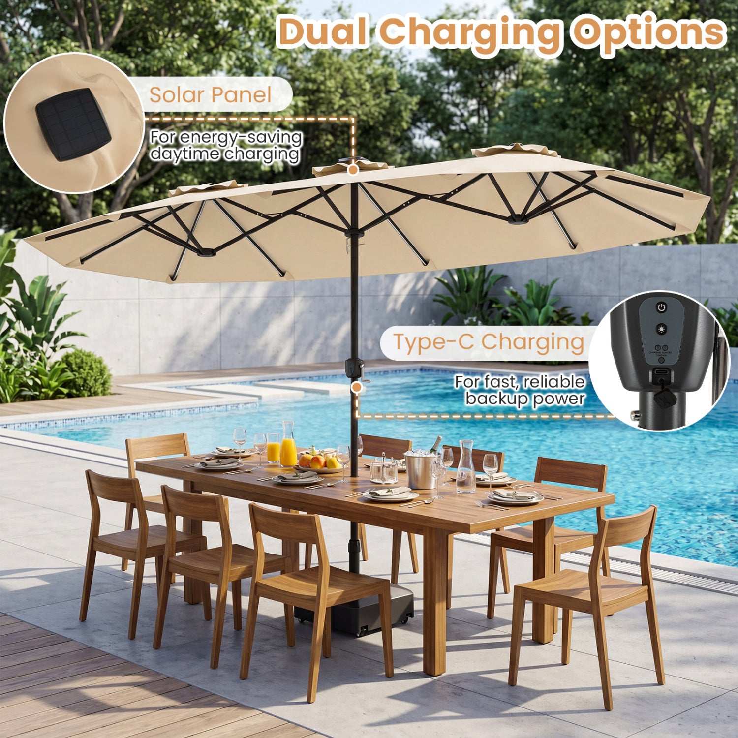 13 FT Double-Sided Patio Umbrella with Solar LED Lights, Beige Outdoor Umbrellas at Gallery Canada