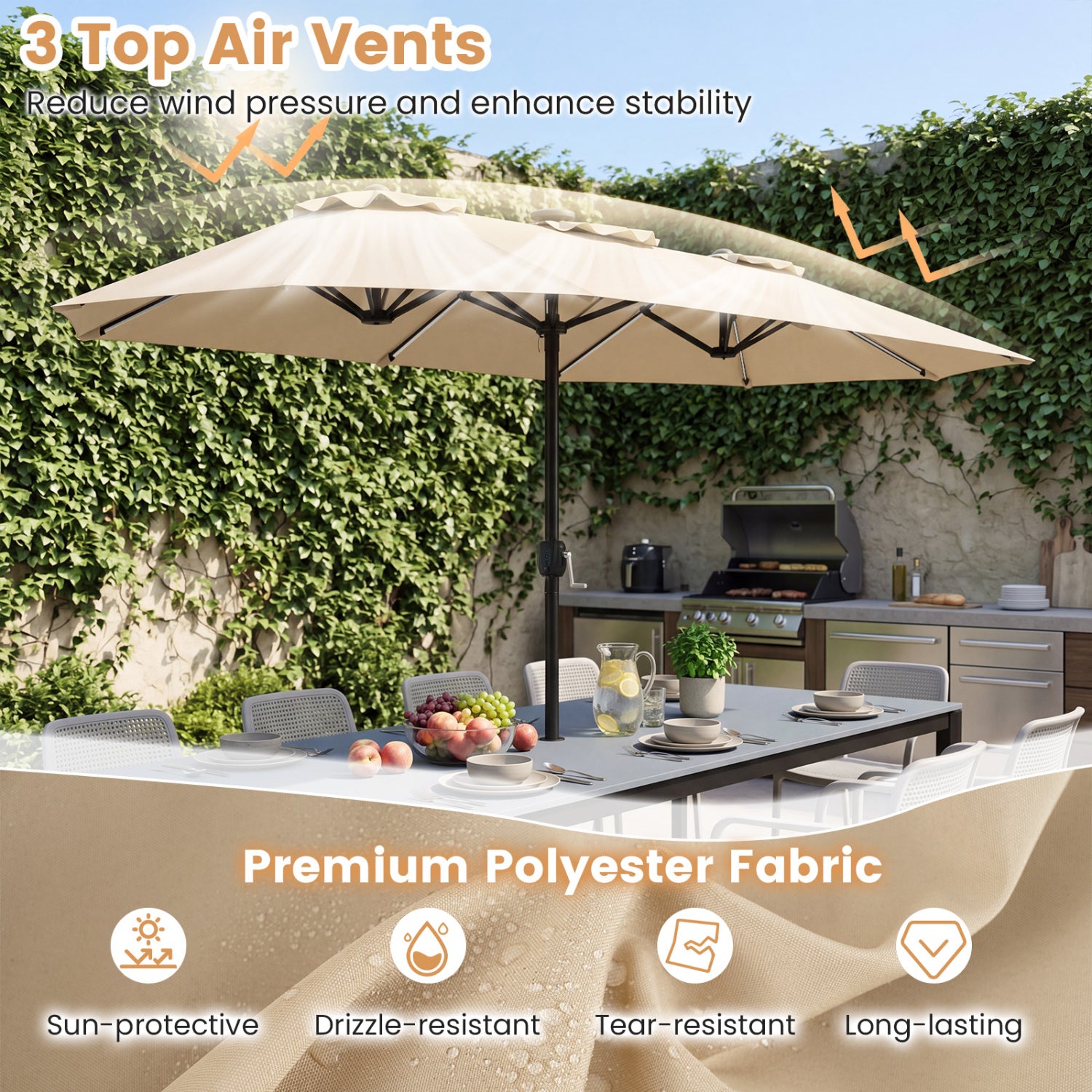 13 FT Double-Sided Patio Umbrella with Solar LED Lights, Beige Outdoor Umbrellas at Gallery Canada