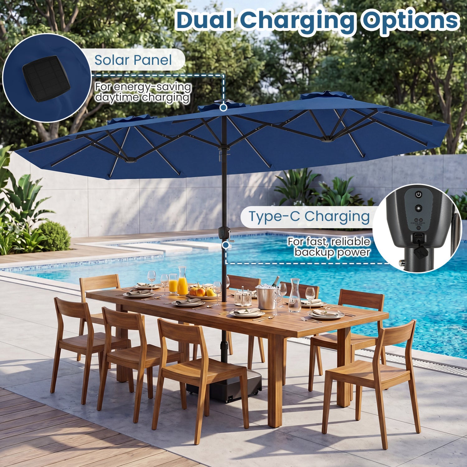 13 FT Double-Sided Patio Umbrella, Solar LED Lights, Navy Outdoor Umbrellas at Gallery Canada