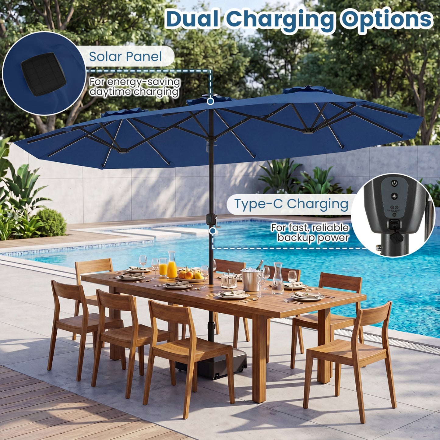 13 FT Double-Sided Patio Umbrella, Solar LED Lights, Navy Outdoor Umbrellas at Gallery Canada