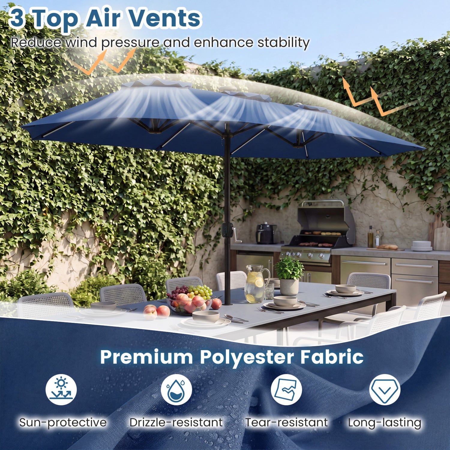 13 FT Double-Sided Patio Umbrella, Solar LED Lights, Navy Outdoor Umbrellas at Gallery Canada