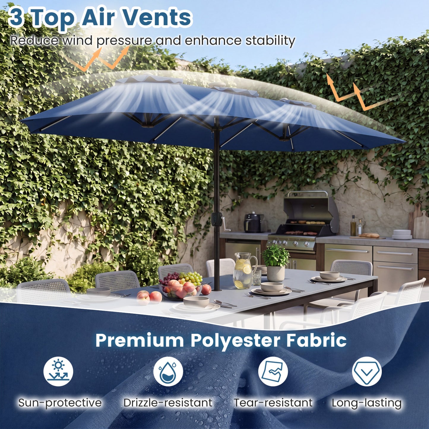 13 FT Double-Sided Patio Umbrella, Solar LED Lights, Navy Outdoor Umbrellas at Gallery Canada