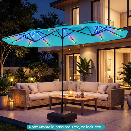 13 FT Double-Sided Patio Umbrella With Solar LED Lights, Turquoise