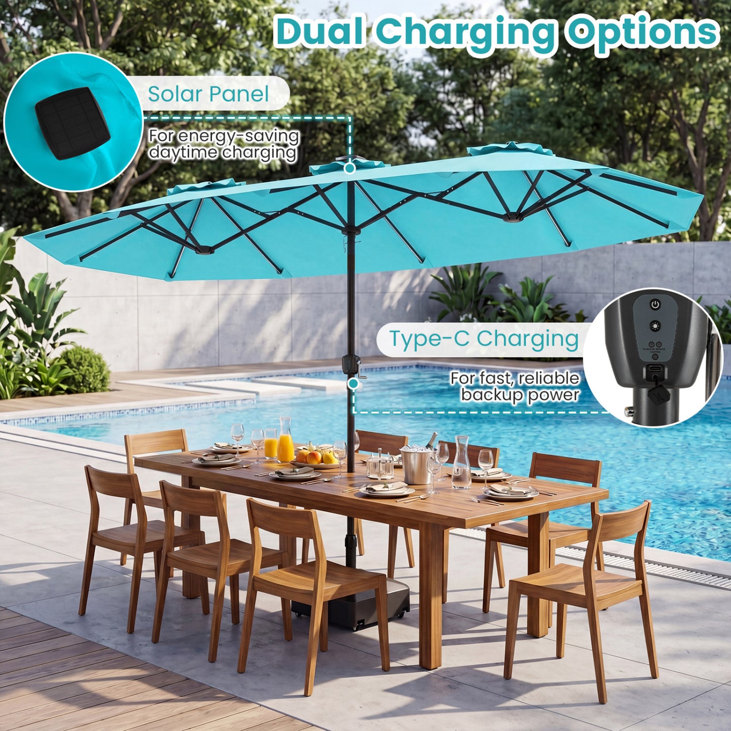 13 FT Double-Sided Patio Umbrella With Solar LED Lights, Turquoise Outdoor Umbrellas at Gallery Canada