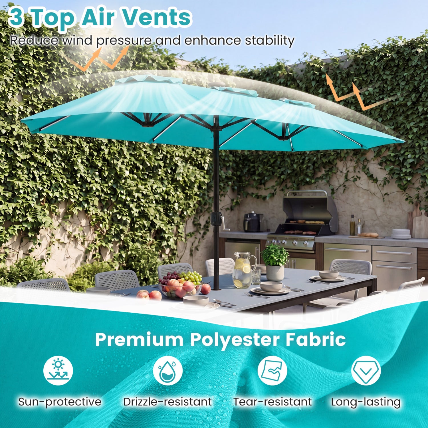 13 FT Double-Sided Patio Umbrella With Solar LED Lights, Turquoise Outdoor Umbrellas at Gallery Canada