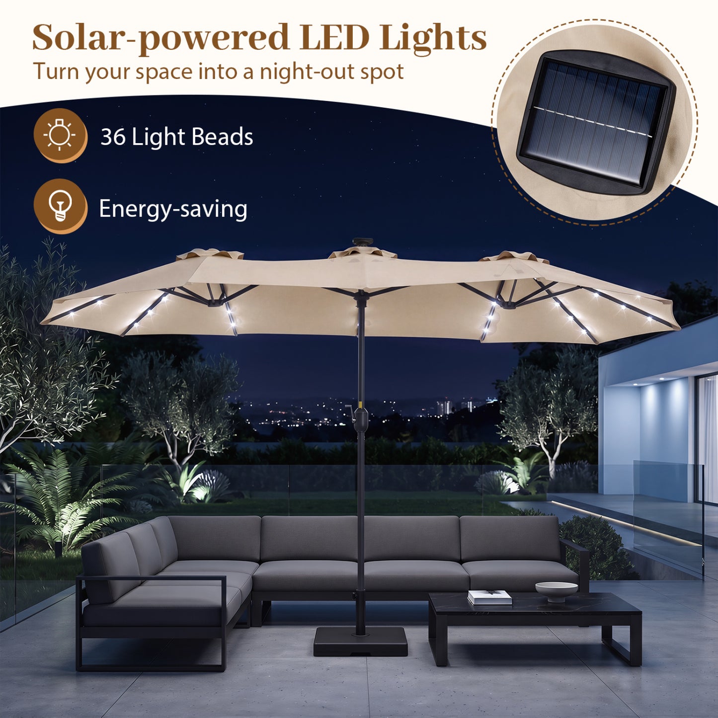 13 FT Large Rectangle Patio Umbrella, 36 LED Lights, Beige Outdoor Umbrellas at Gallery Canada