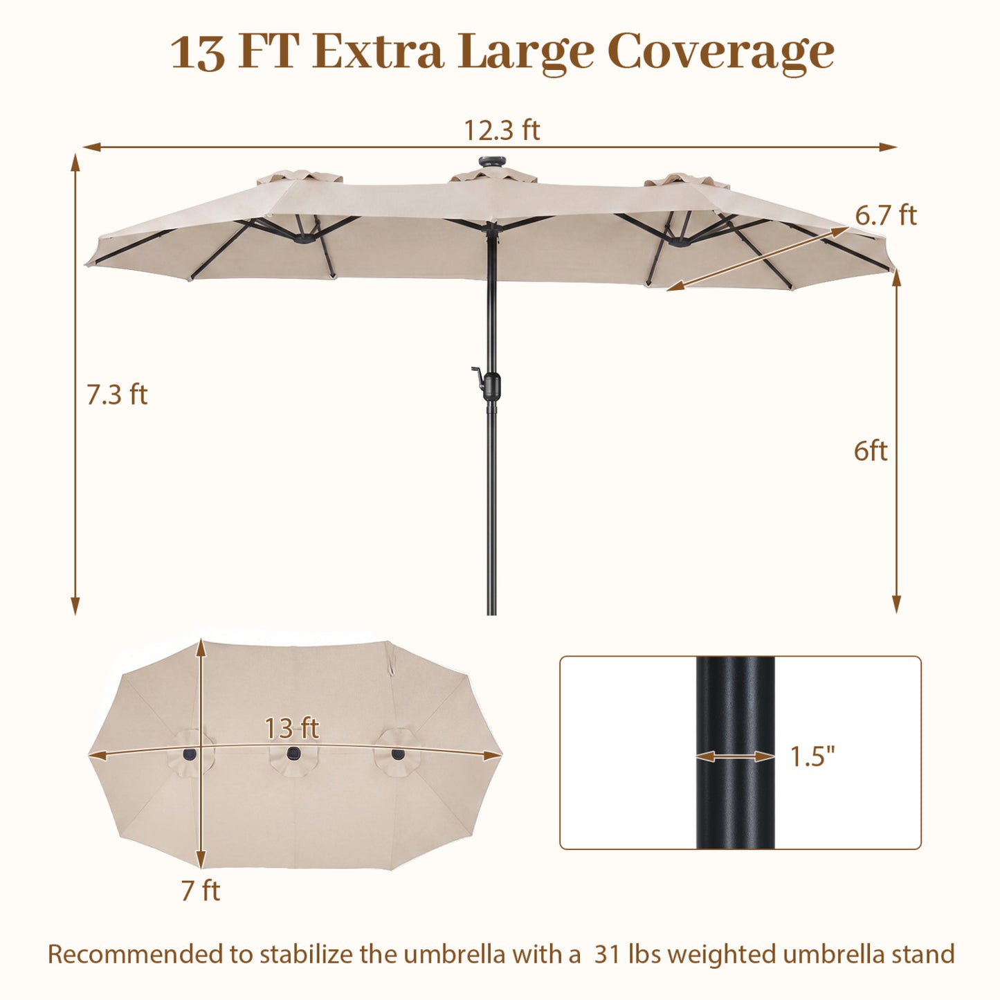 13 FT Large Rectangle Patio Umbrella, 36 LED Lights, Beige Outdoor Umbrellas at Gallery Canada