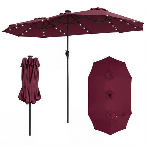13 FT Double Sided Patio Umbrella, 36 LED Lights, Wine