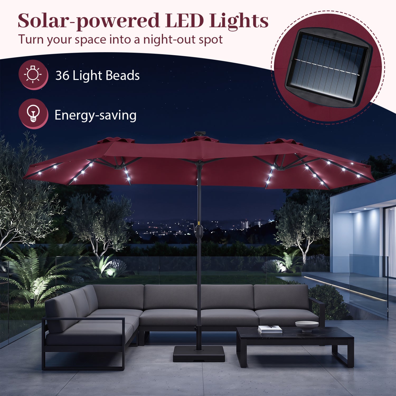 13 FT Double Sided Patio Umbrella, 36 LED Lights, Wine Outdoor Umbrellas at Gallery Canada