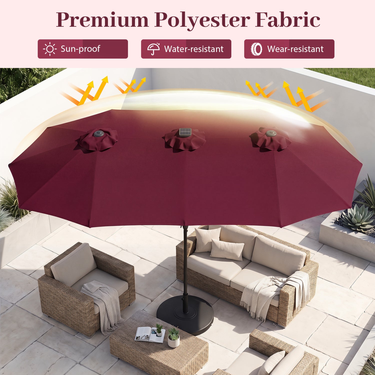 13 FT Double Sided Patio Umbrella, 36 LED Lights, Wine Outdoor Umbrellas at Gallery Canada