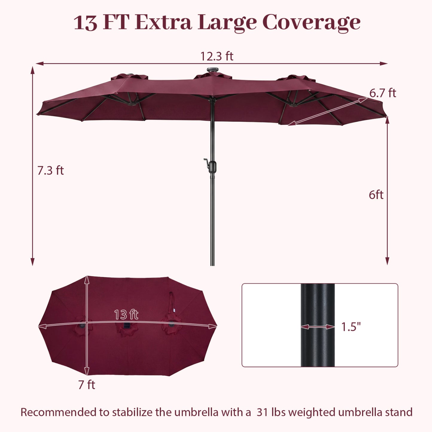 13 FT Double Sided Patio Umbrella, 36 LED Lights, Wine Outdoor Umbrellas at Gallery Canada