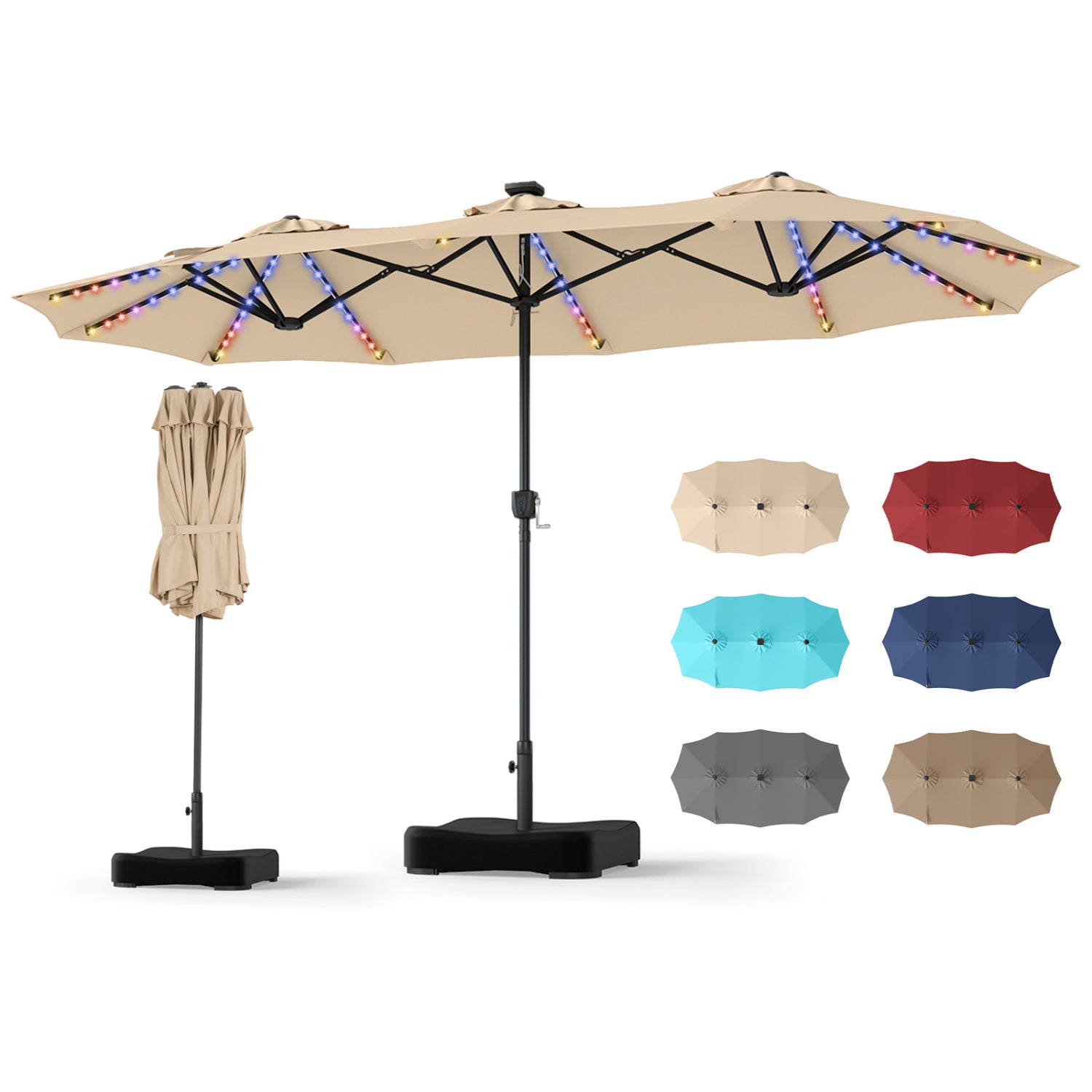 13 FT Double-Sided Patio Umbrella with 108 LED Lights and Base Included, Beige Outdoor Umbrellas at Gallery Canada