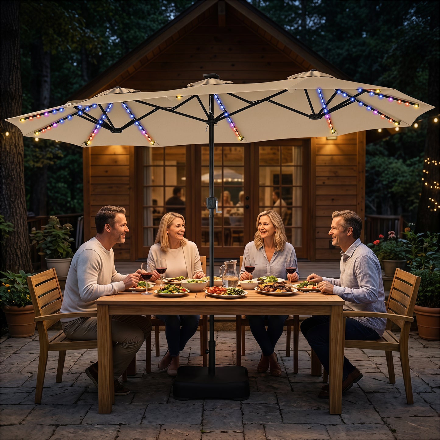 13 FT Double-Sided Patio Umbrella with 108 LED Lights and Base Included, Beige Outdoor Umbrellas at Gallery Canada