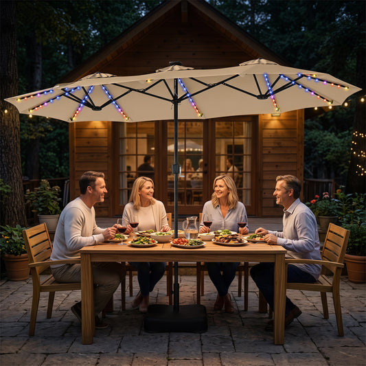 13 FT Double-Sided Patio Umbrella with 108 LED Lights and Base Included, Beige Outdoor Umbrellas Beige at Gallery Canada