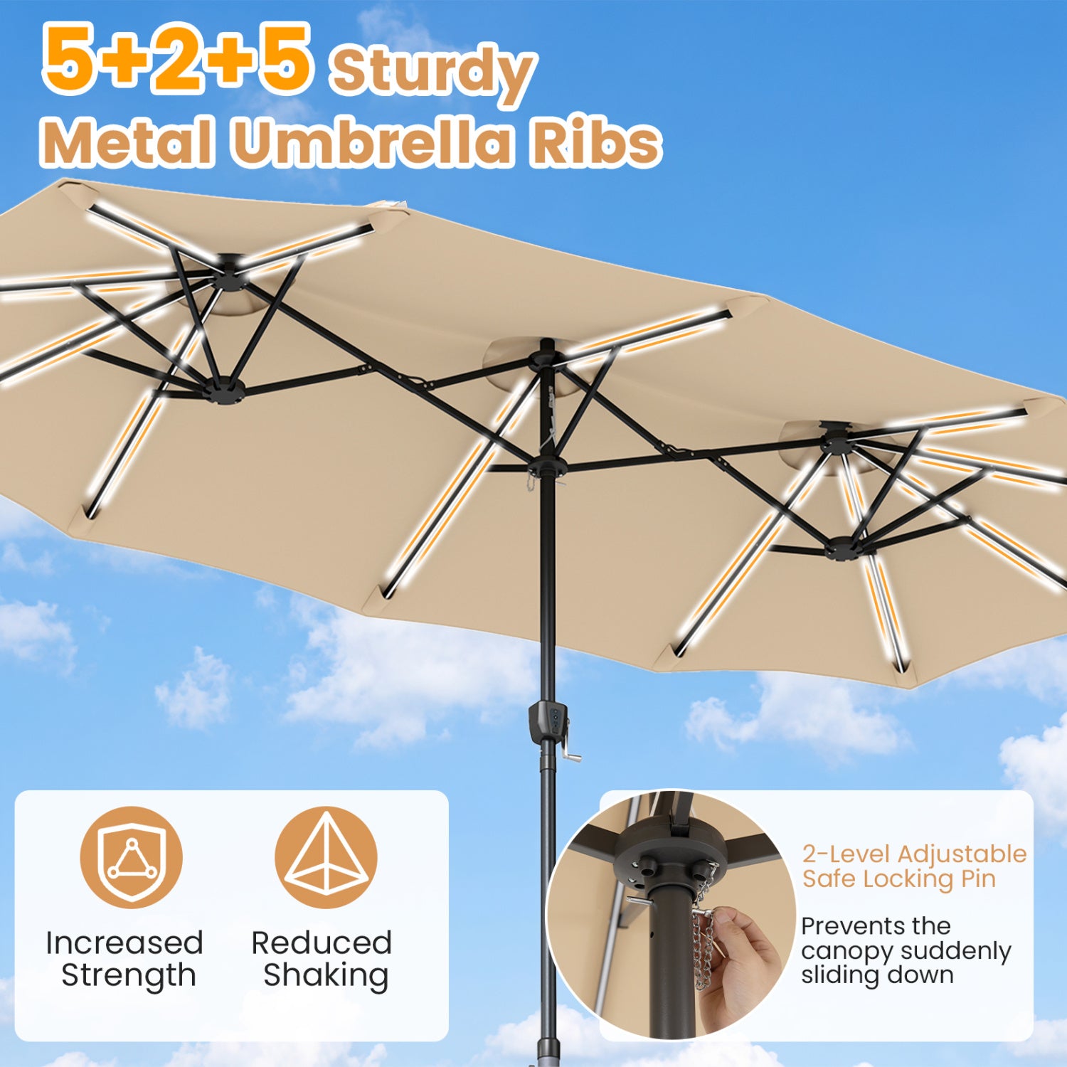 13 FT Double-Sided Patio Umbrella with 108 LED Lights and Base Included, Beige Outdoor Umbrellas at Gallery Canada