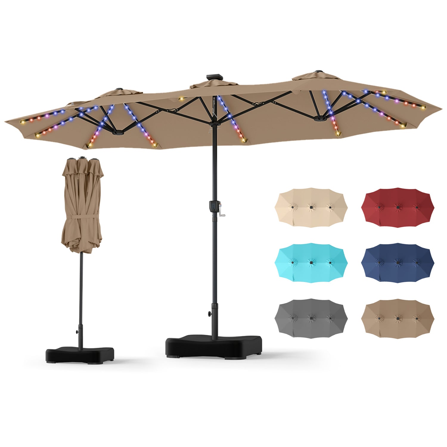 13 FT Double-Sided Patio Umbrella with 108 LED Lights and Base Included, Tan Outdoor Umbrellas at Gallery Canada