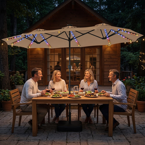 13 FT Double-Sided Patio Umbrella with 108 LED Lights and Base Included, Tan